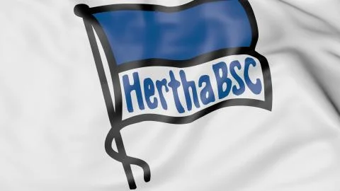 Close-up of waving flag with Hertha BSC football club logo, 3D rendering Stock Illustration