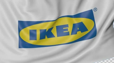 Close up of waving flag with Ikea logo, seamless loop, blue background Stock Footage