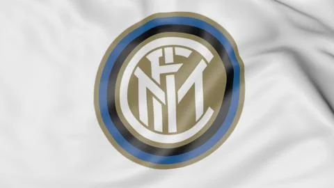 Close-up of waving flag with Inter Milan football club logo, 3D rendering Stock Illustration