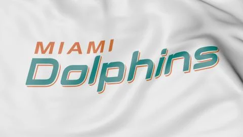 Close-up of waving flag with Miami Dolphins NFL American football team logo, 3D Stock Illustration