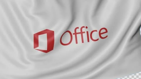 Close up of waving flag with Microsoft Office logo, seamless loop, blue Stock Footage