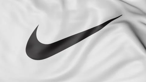 Close up of waving flag with Nike logo, 3D rendering Swoosh Stock-Illustration