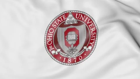 Close-up of waving flag with Ohio State University emblem 3D rendering 스톡 일러스트