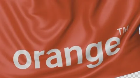 Close up of waving flag with Orange S.A. logo, seamless loop, blue background Stock Footage