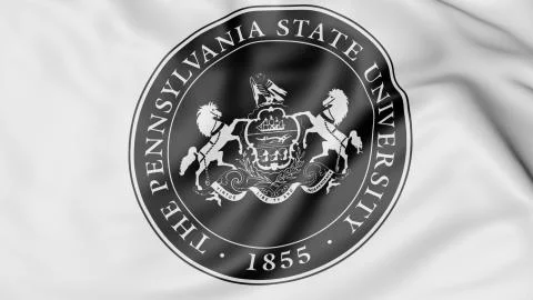 Close-up of waving flag with Penn State University emblem 3D rendering イラスト素材