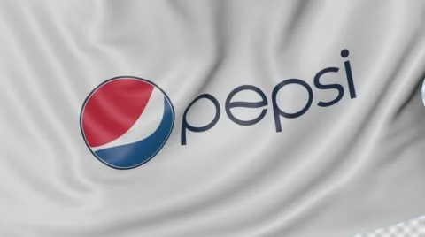 Close up of waving flag with Pepsi logo, seamless loop, blue background Stock Footage
