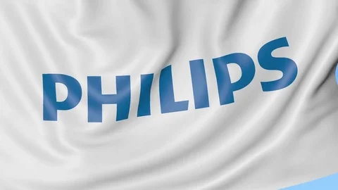 Close-up of waving flag with Philips logo, seamless loop, blue background Stock Footage 72255112
