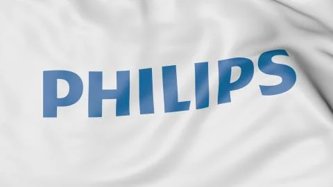 Close-up of waving flag with Philips logo, editorial 3D rendering Stockillustratie