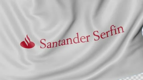 Close up of waving flag with Santander Serfin logo, seamless loop, blue Stock Footage 68030056