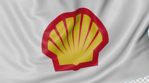 Close up of waving flag with Shell Oil Company logo, seamless loop, blue Stock Footage 67878731