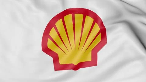 Close up of waving flag with Shell Oil Company logo, 3D rendering Stock Illustration