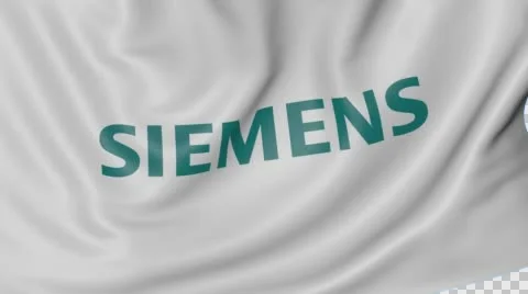 Close up of waving flag with Siemens logo, seamless loop, blue background Stock Footage 67979794