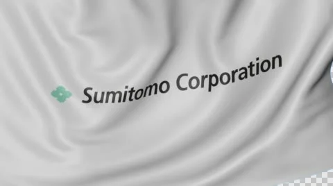 Close up of waving flag with Sumitomo Corporation logo, seamless loop, blue Stock Footage