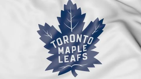 Close-up of waving flag with Toronto Maple Leafs NHL hockey team logo, 3D Stock Illustration
