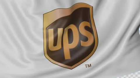 Close up of waving flag with United Parcel Service UPS logo, seamless loop, blue Stock Footage 67943871