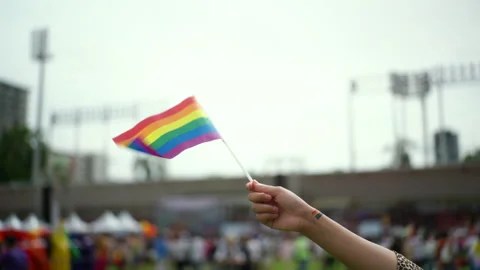 Close-up Waving rainbow flag on hand for celebration moment in Pride month Parad Stock Footage 276687085