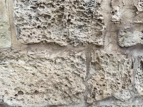 Close-up of a weathered limestone wall texture with porous surface and cracks Stock Photos