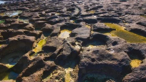 Close-up of weathered rocky beach using a wide-angle lens Stock Photos