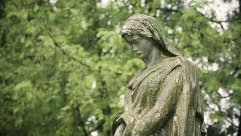 Close-up of a weathered St. Mary statue at the 19th-century Bernardine Cemetery 動画素材 337304759