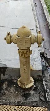 Close-up of a weathered yellow fire hydrant 写真素材
