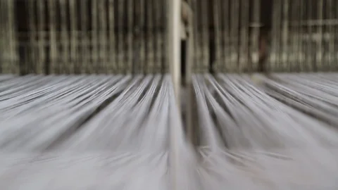 Close Up Of Weaving On A Wooden  Loom Machine. Stock Footage