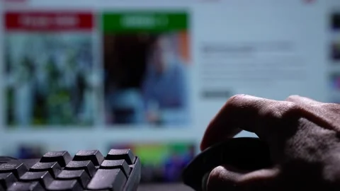 Close up web surfer's hand scrolling web page wall Stock Footage 231156351