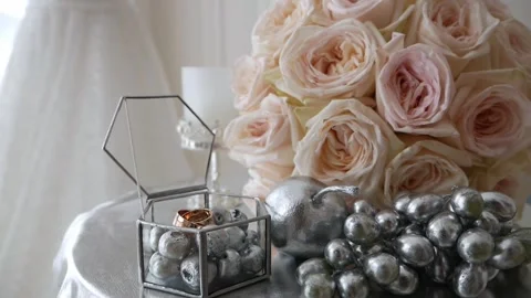 Close-up of the wedding bouquet and various silver-colored fruits. Stock Footage 334941455