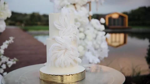 Close up of wedding cake in the ceremonial zone close-up. White wedding cake Stock Footage 265221169