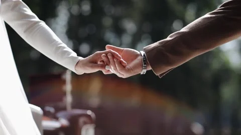 Close up of wedding couple holding hands on sunset background shot in slow Stock Footage 234754254