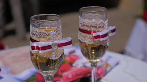 Close up wedding glasses with champagne. Video stock 89423302