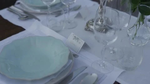 Close Up of Wedding Place Setting With Blue Plate Stock Footage 347125503