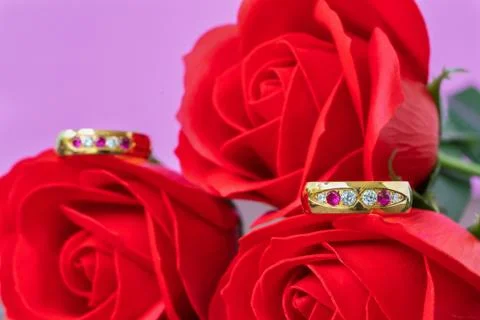 Close up wedding ring and red rose Stock Photos