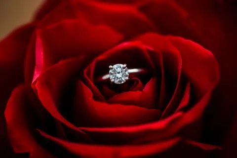 Close up of a wedding ring tucked into a single rose. Stock Photos