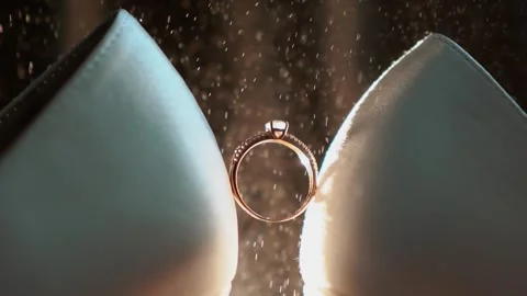 Close-up of the wedding rings of the bride and groom before the outdoor ceremony Видео 260829765