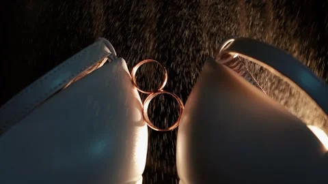 Close-up of the wedding rings of the bride and groom before the outdoor ceremony Видео 261879367
