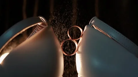 Close-up of the wedding rings of the bride and groom before the outdoor ceremony Видео 261880410