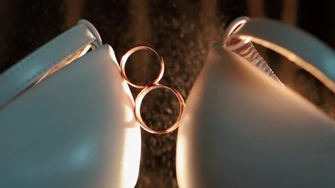 Close-up of the wedding rings of the bride and groom before the outdoor ceremony Видео 261880645