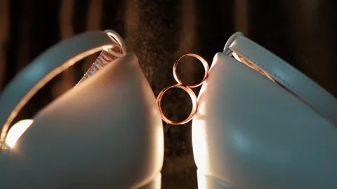 Close-up of the wedding rings of the bride and groom before the outdoor ceremony Видео 261880855