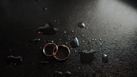 Close-up of the wedding rings of the bride and groom before the outdoor ceremony Видео 264784871