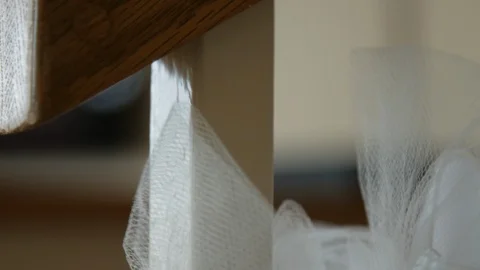 Close up of wedding white bow on staircase Stock Footage 111400673