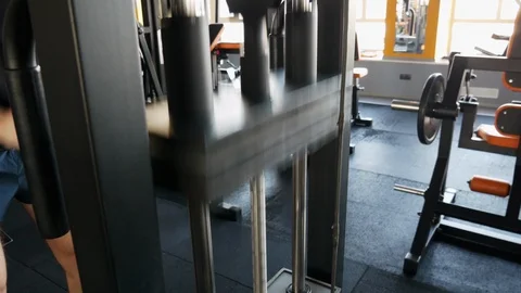 Close-up of weight plates in training simulator, lifting weights Stock Footage 103866680