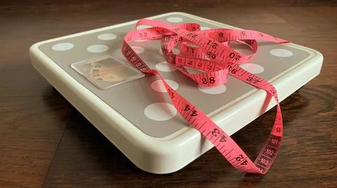 Close up of weight scale and measuring tape. Health concept Stock Photos