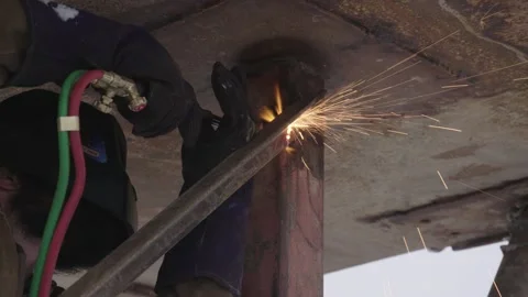 Close Up Welder Welding Post Low Angle Stock Footage 154050936