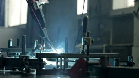 Close-up welding robots works Stock Footage 47486382