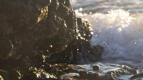 Close up of wet dark rocks splashing ocean water sunlight Stock Footage 337415294