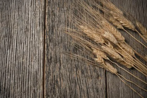 Close up of wheat on rustic wooden table Stock Photos