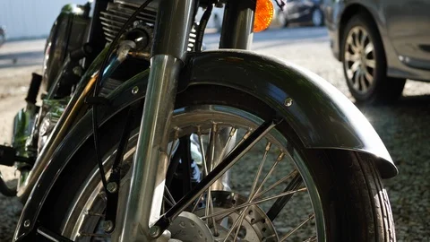 Close-up wheel of black motorcycle Stock Footage 93772681
