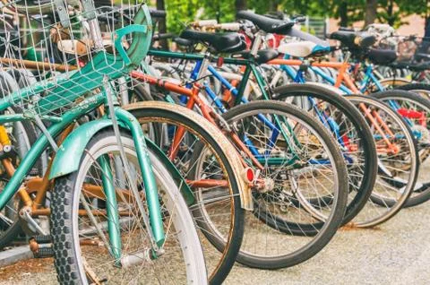 Close up of wheels of bicycles Stock Photos
