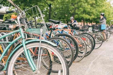 Close up of wheels of bicycles Stock Photos