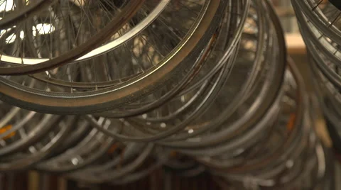 Close up of wheels in bicycle's workshop Stock Footage 68730332